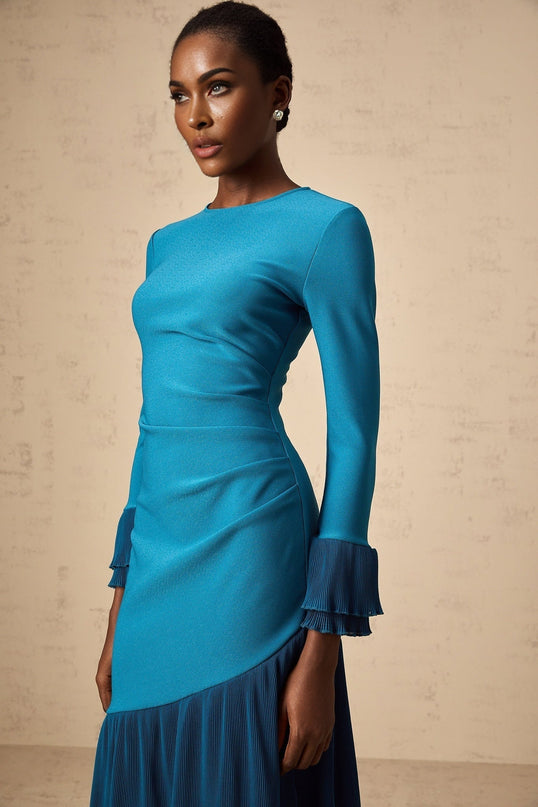Harleigh Blue Ruffled Trim Midi Dress