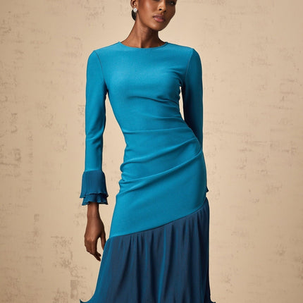 Harleigh Blue Ruffled Trim Midi Dress