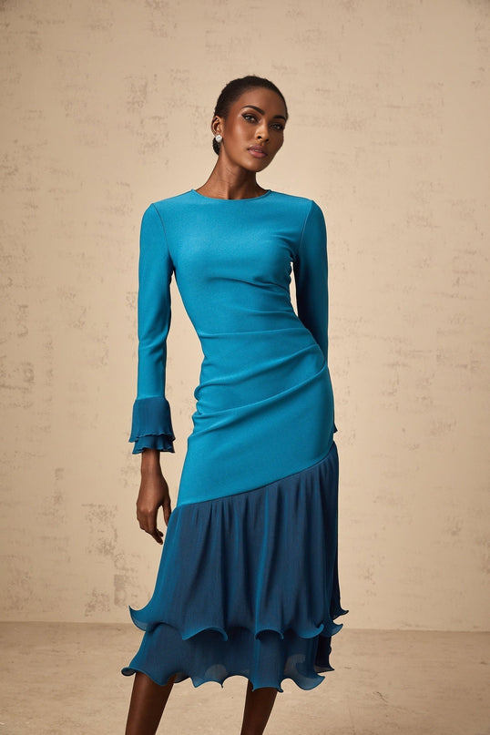 Harleigh Blue Ruffled Trim Midi Dress