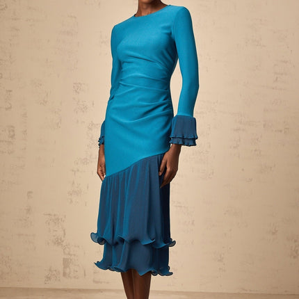 Harleigh Blue Ruffled Trim Panel Midi Dress
