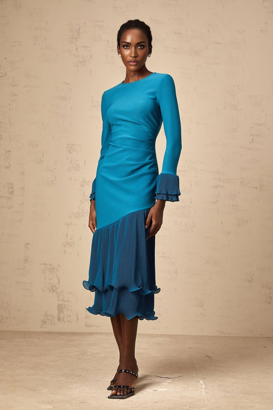Harleigh Blue Ruffled Trim Panel Midi Dress