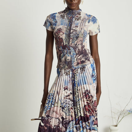 Harleigh Brown Floral Midi Dress With Pleated Top