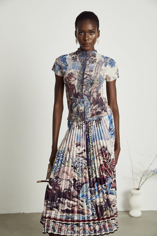 Harleigh Brown Floral Midi Dress With Pleated Top