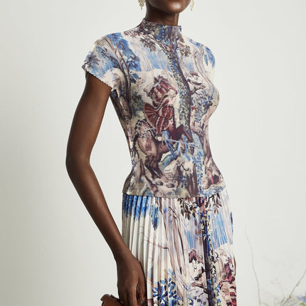 Harleigh Brown Floral Midi Dress With Pleated Top