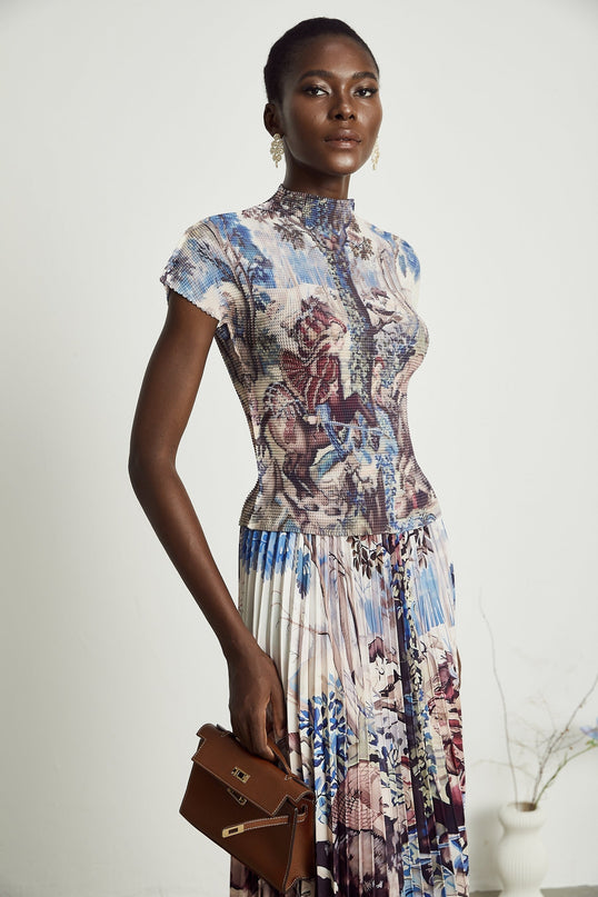 Harleigh Brown Floral Midi Dress With Pleated Top
