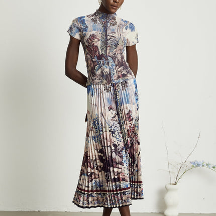 Harleigh Brown Floral Midi Dress With Pleated Top