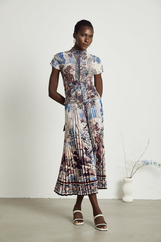 Harleigh Brown Floral Midi Dress With Pleated Top