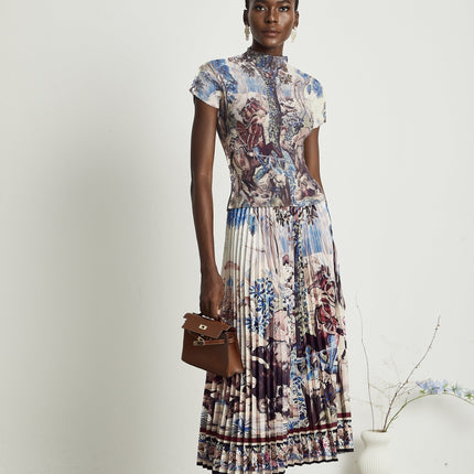 Harleigh Brown Floral Midi Dress With Pleated Top