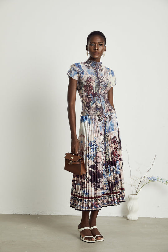 Harleigh Brown Floral Midi Dress With Pleated Top
