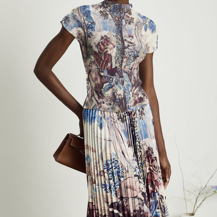 Harleigh Brown Floral Midi Dress With Pleated Top