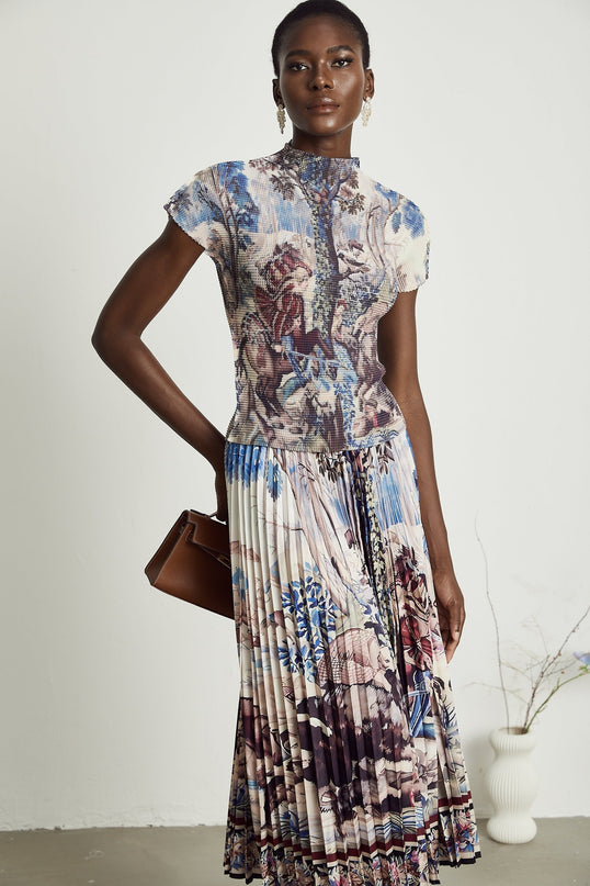 Harleigh Brown Floral Midi Dress With Pleated Top