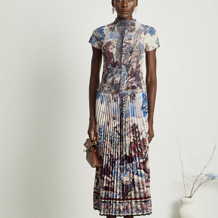 Harleigh Brown Floral Midi Dress With Pleated Top