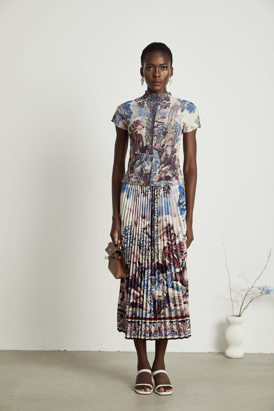 Harleigh Brown Floral Midi Dress With Pleated Top