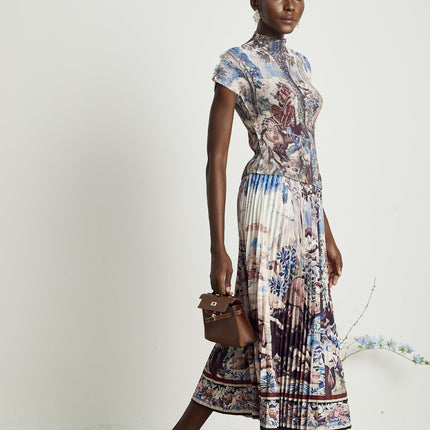 Harleigh Brown Floral Midi Dress With Pleated Top