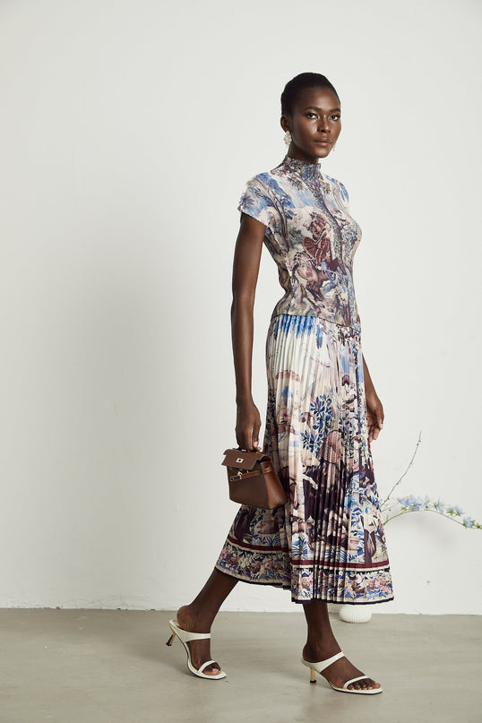 Harleigh Brown Floral Midi Dress With Pleated Top