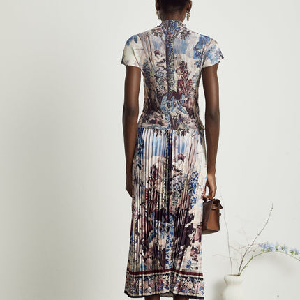 Harleigh Floral Midi Dress With Pleated Top in Brown Multicolor