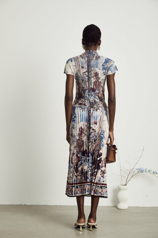 Harleigh Floral Midi Dress With Pleated Top in Brown Multicolor
