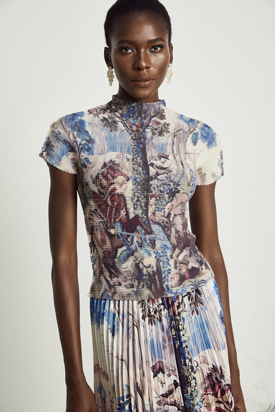 Harleigh Floral Midi Dress With Pleated Top Brown Multicolor