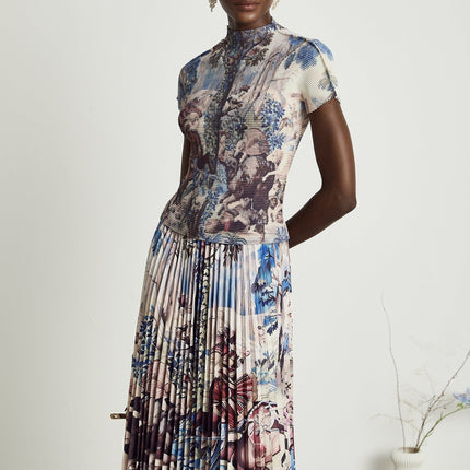 Harleigh Floral Midi Dress With Pleated Top Brown Multicolor