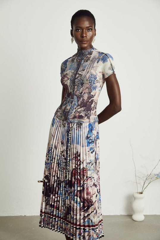 Harleigh Floral Midi Dress With Pleated Top Brown Multicolor
