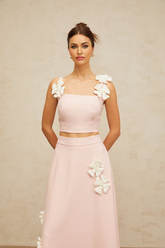 Harleigh Pink Floral Applique Top Skirt Set
