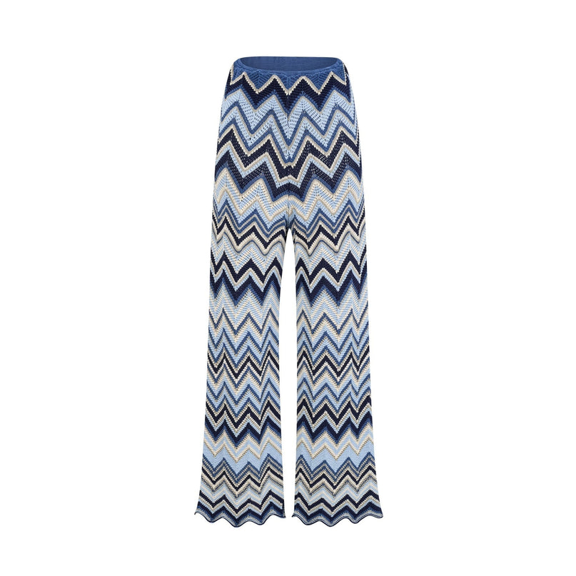 Harmony Blue Zigzag Woven Pointelle Knit Top and Trousers Set