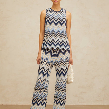 Harmony Blue Zigzag Woven Pointelle Knit Top and Trousers Set