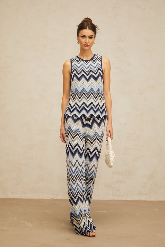Harmony Blue Zigzag Woven Pointelle Knit Top and Trousers Set