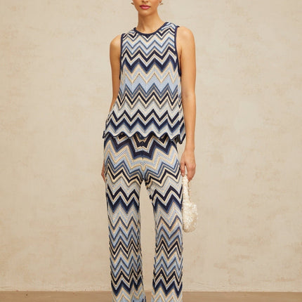 Harmony Blue Zigzag Woven Pointelle Knit Top and Trousers Set