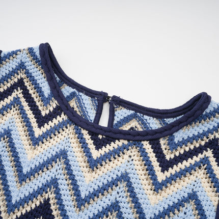Harmony Blue Zigzag Woven Pointelle Knit Top Trousers Set