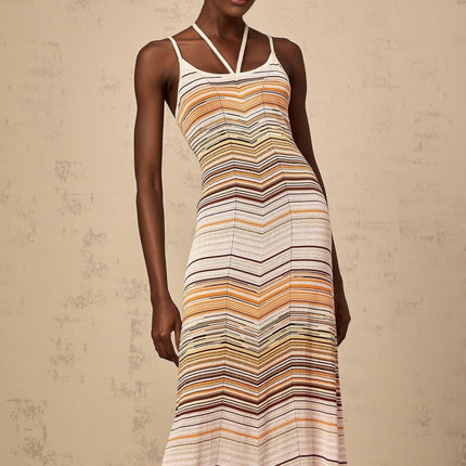 Harmony Pink Striped Halterneck Maxi Dress in Luxurious Knitted Fabric