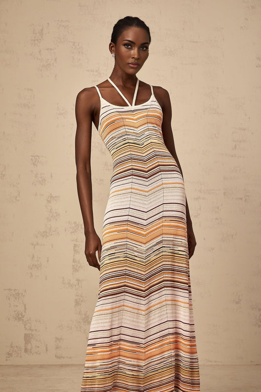 Harmony Pink Striped Halterneck Maxi Dress in Luxurious Knitted Fabric