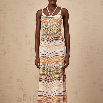 Harmony Pink Striped Maxi Dress Sleeveless Halterneck Spaghetti Straps Stretch Jersey Fabric Slip-On Style Flowing Length 100% Terylene Fiber