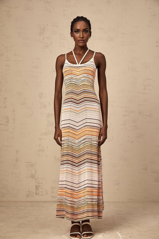 Harmony Pink Striped Maxi Dress Sleeveless Halterneck Spaghetti Straps Stretch Jersey Fabric Slip-On Style Flowing Length 100% Terylene Fiber