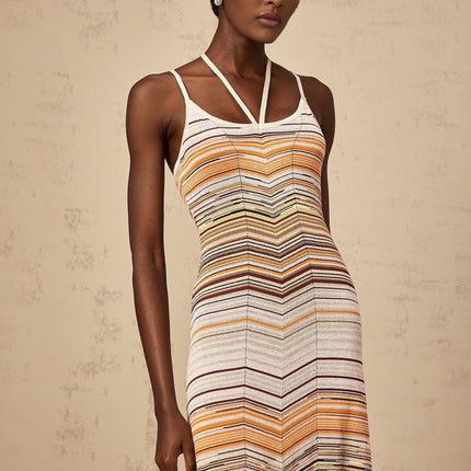 Harmony Pink Striped Maxi Dress in Luxurious Knitted Construction with Halterneck Design and Spaghetti Straps