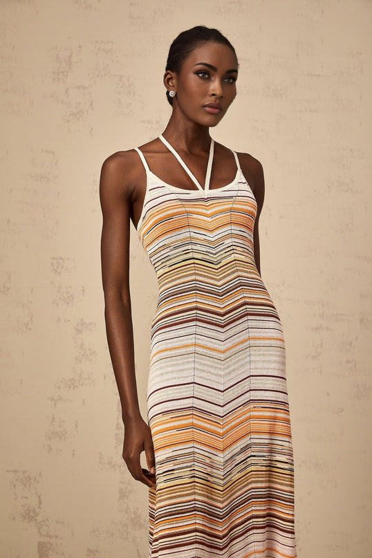Harmony Pink Striped Maxi Dress in Luxurious Knitted Construction with Halterneck Design and Spaghetti Straps