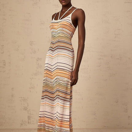 Harmony Pink Striped Maxi Dress Sleeveless Halterneck Spaghetti Straps Stretch Jersey Fabric Slip-On Style Flowing Length Terylene Fiber