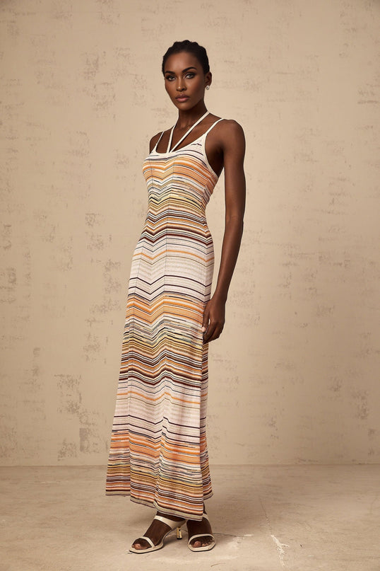 Harmony Pink Striped Maxi Dress Sleeveless Halterneck Spaghetti Straps Stretch Jersey Fabric Slip-On Style Flowing Length Terylene Fiber