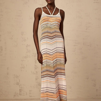 Harmony Pink Striped Maxi Dress Sleeveless Halterneck Spaghetti Straps Stretch Jersey Fabric Slip-On Style Flowing Length