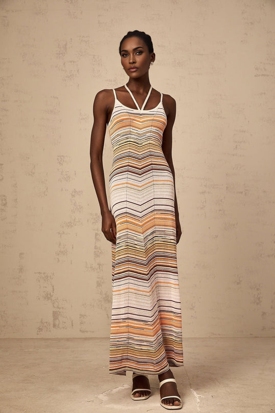 Harmony Pink Striped Maxi Dress Sleeveless Halterneck Spaghetti Straps Stretch Jersey Fabric Slip-On Style Flowing Length