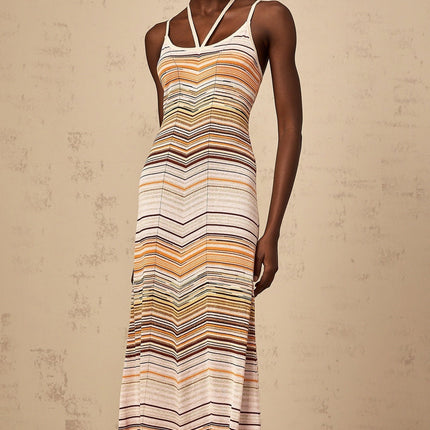 Harmony Pink Striped Maxi Dress in Luxurious Knitted Construction with Halterneck Design and Spaghetti Straps