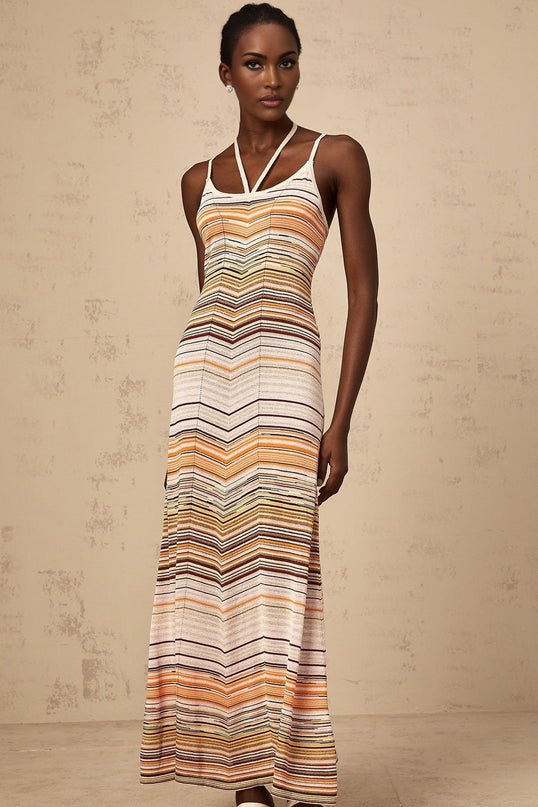 Harmony Pink Striped Maxi Dress in Luxurious Knitted Construction with Halterneck Design and Spaghetti Straps