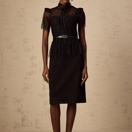 Harper Black Tied Bustier Guipure Lace Midi Dress