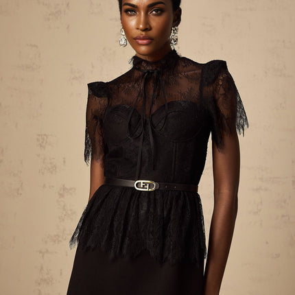 Harper Black Tied Bustier Guipure Lace Midi Dress