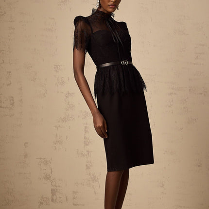 Harper Black Tied Bustier Guipure Lace Midi Dress