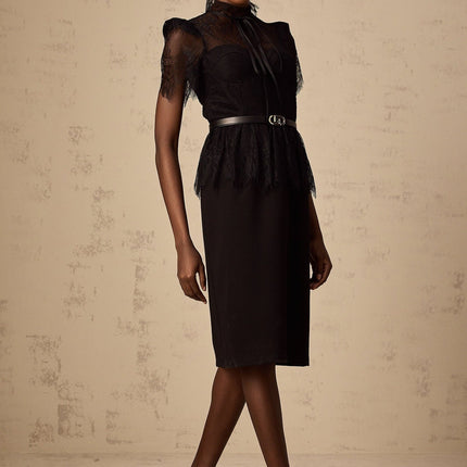 Harper Black Tied Bustier Guipure Lace Peplum Midi Dress