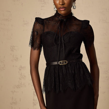 Harper Black Tied Bustier Guipure Lace Peplum Midi Dress
