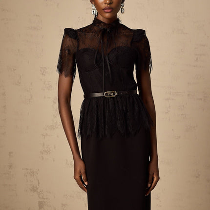 Harper Black Tied Bustier Guipure Lace Peplum Midi Dress