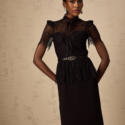 Harper Black Tied Bustier Midi Dress with Guipure Lace Panels Peplum Waist Short Sleeves and Rear Zip Fastening