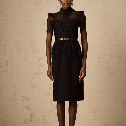 Harper Black Tied Bustier Midi Dress with Guipure Lace Panels